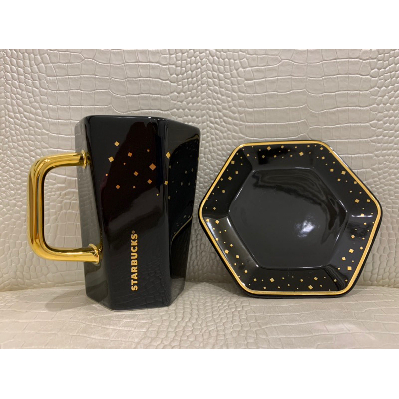 (全新) 大陸 星巴克 耀眼杯碟組 296ml  ☕️ 杯子 盤子 杯盤 咖啡杯 杯 黑色 星空 馬克杯 金色 六角盤