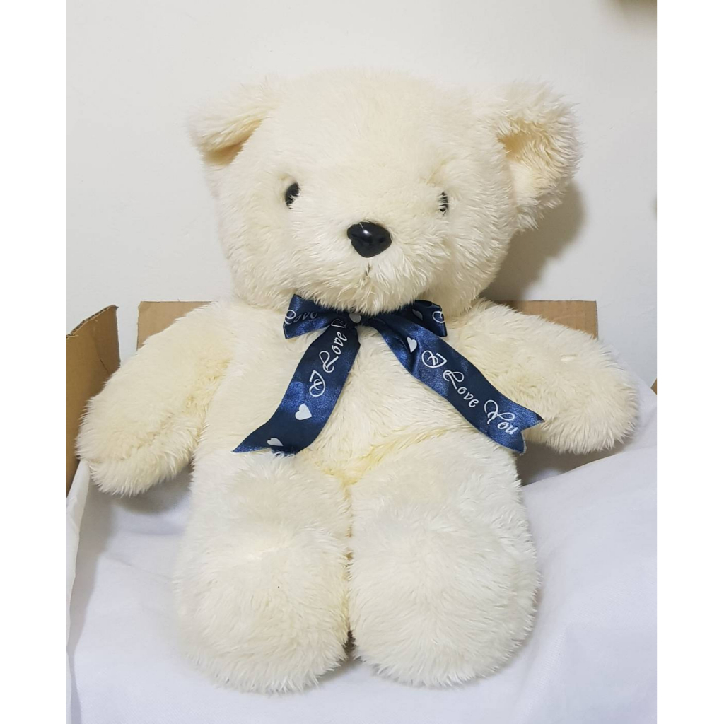 teddy bears 米色泰迪熊玩偶+藍色我愛你領結 公仔絨毛娃娃 軟毛泰迪熊 送粉紅色Hello Kitty背袋