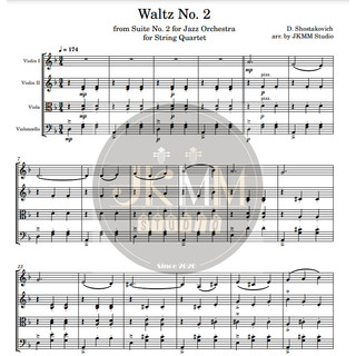 【弦樂團+鋼琴/鋼琴五重奏樂譜】【弦樂四重奏樂譜】Jazz Suite: Waltz No.2 (含總分譜、範例音檔)