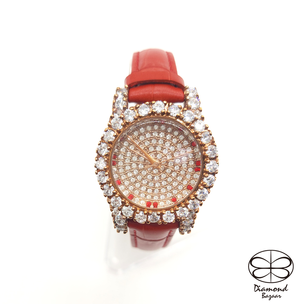 【Diamond Bazaar】H型晶鑽腕錶(紅/黑)