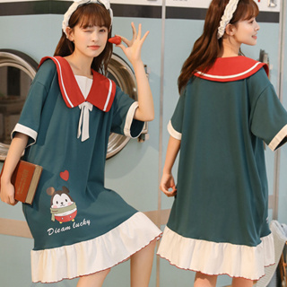 【Wonderland】Q版鼠鼠海軍風100%棉居家休閒洋裝(木綠)