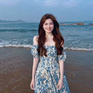 洋裝 短袖裙子 小禮服 法式碎花一字肩連身裙夏季高階感裙女收腰長裙抹胸吊帶裙BA1038 1963 ,衣