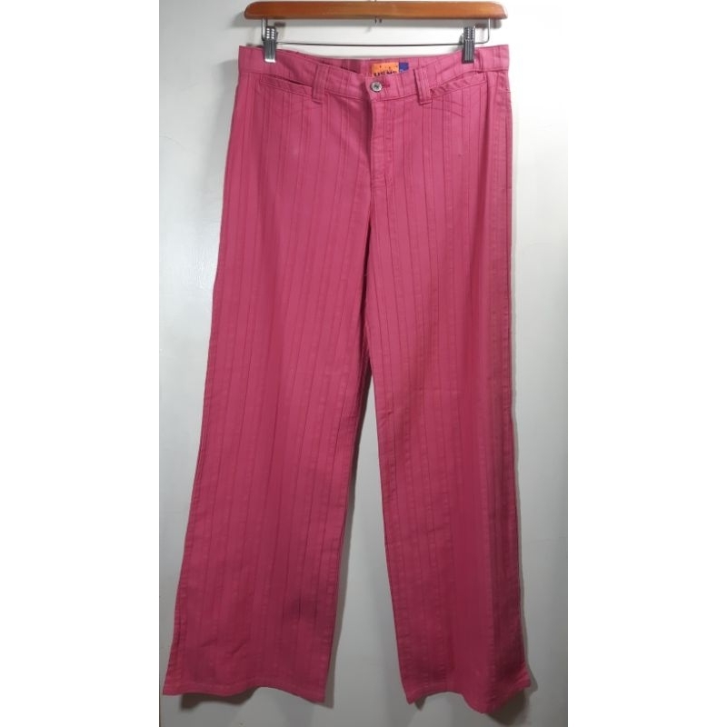 USNS 粉色 坑條 橡膠 品牌LOGO 素色 美式 長褲 寬褲 休閒褲 九分褲 古着  34腰 女褲（全新，些許瑕疵）
