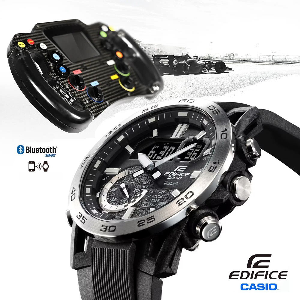 【CASIO】EDIFICE ECB-40 雙顯系列藍芽智慧錶/獨特懸吊設計/方向盤配置色彩/48mm/公司貨