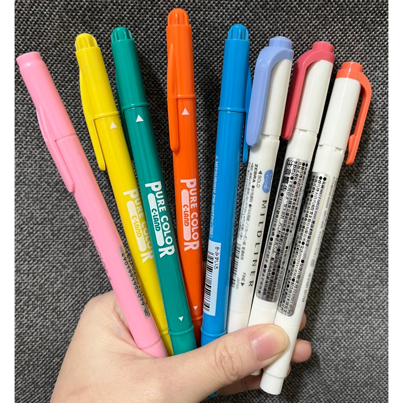 UNI三菱鉛筆Pure Color 雙頭水彩筆簽字筆 (中字+極細字) &amp;ZEBRA MILDLINER 柔色螢光筆