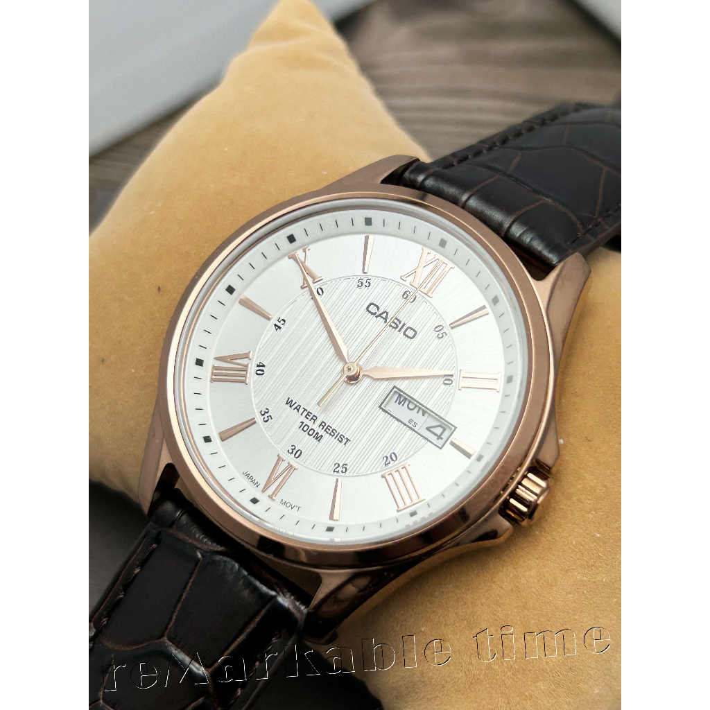 【CASIO】時尚男手錶-白面玫瑰金框MTP-1384L-7A