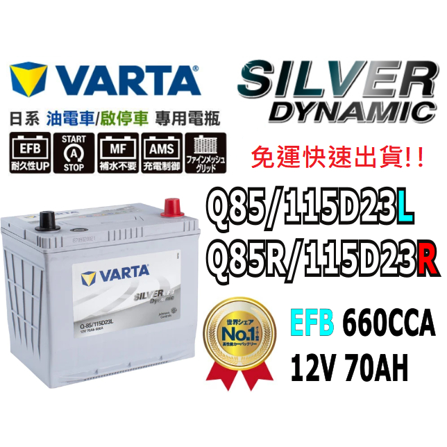 全新VARTA華達 Q85/115D23L Q85R/115D23R EFB 適用Camry油電車 銀合金免運 Q100