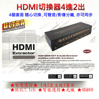 AIS HDR HDMI 2.0版 4X1 音頻分離器 ARC音頻回傳杜比 7.1ch 音頻輸出 4K 4進2出支援4畫