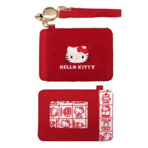 ♥小花花日本精品♥ Hello Kitty 燈芯絨票卡包 證件套 車票夾 附伸縮易拉扣拉繩 ~ 8