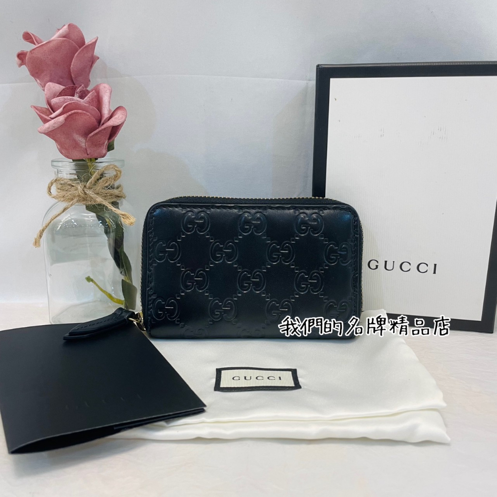 [我們的名牌精品店]~ GUCCI 黑色牛皮 G LOGO 壓紋小ㄇ金鍊卡夾零錢包 447939 *特價*