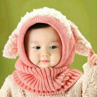 韓國兒童保暖帽子 秋冬嬰幼兒連體毛絨圍巾帽 寶寶防寒針織毛線帽披肩 兔耳朵小綿羊造型禦寒圍脖