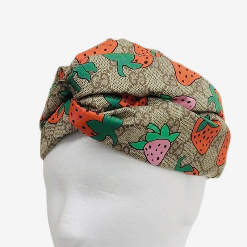 GUCCI 全新真品秀上款印花草莓髮帶 髮箍 古馳Women's Silk Strawberry GG Headband