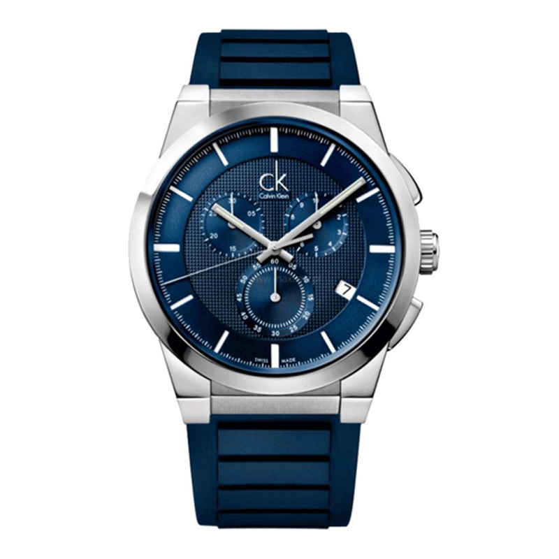Calvin Klein CK 靜謐藍 橡膠帶 水晶玻璃 三眼計時錶 K2S371VN