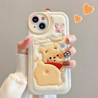 皮紋卡通 維尼熊 手機殼 防摔殼iphone 11 12 13 14 15 16promax i14 i13 蘋果保護殼