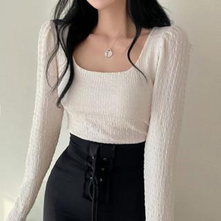 【GIRLS THING】正韓🇰🇷｜方領粗花呢長袖t｜女裝 上衣 長袖上衣 方領上衣 女生上衣 正韓上衣 韓國代購