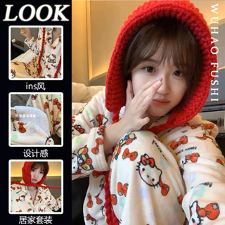 日系 kitty印花可愛珊瑚絨睡衣 2024冬季新款加厚保暖毛絨居家服套裝 睡衣