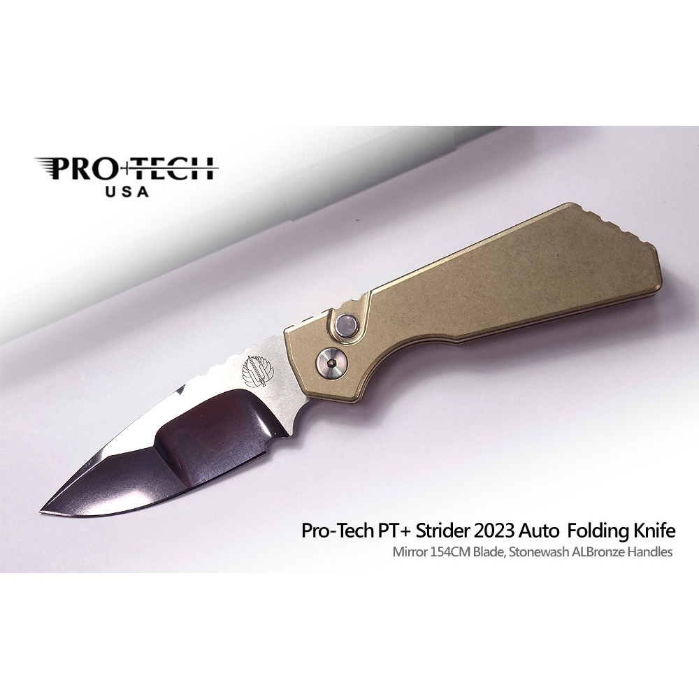 PROTECH PT+ Strider 2023 Auto黃銅石洗柄白蝶貝按鈕自動側彈刀(154CM鋼手工鏡面拋光)