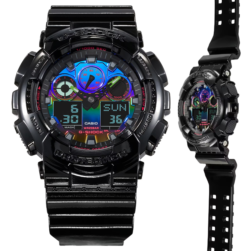 【CASIO 卡西歐】G-SHOCK虛擬彩虹系列 網路世界美學亮黑多彩光譜雙顯錶(GA-100RGB-1A)