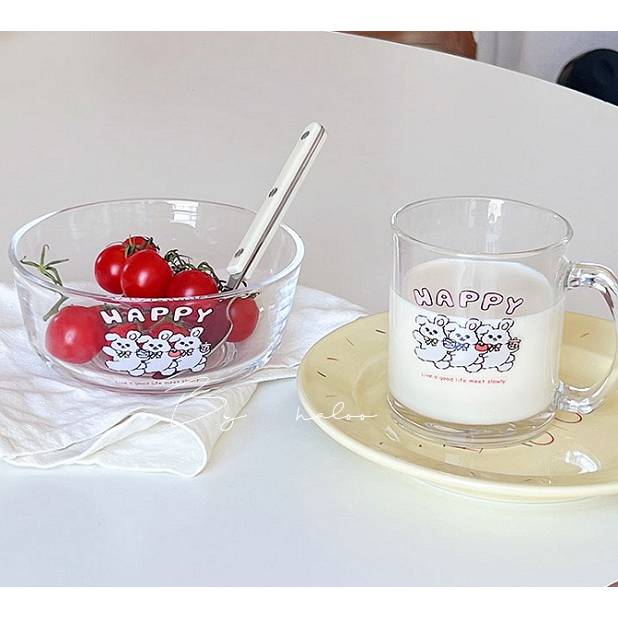 HALOO'S ROOM / 韓國INS。早安兔年 可愛兔子玻璃杯 早餐優格碗 玻璃水杯