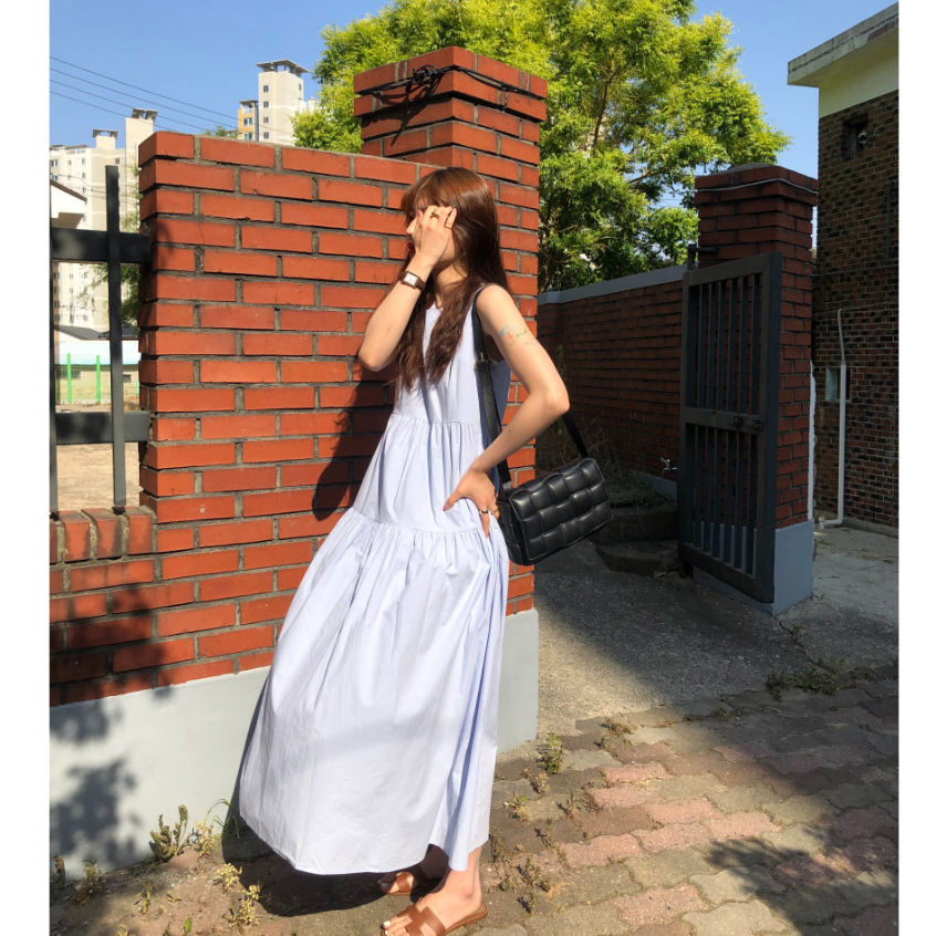 【Feodora🇰🇷】韓國chic極簡風公主長洋 法式圓領 拼接褶皺層次感 無袖背心連衣裙