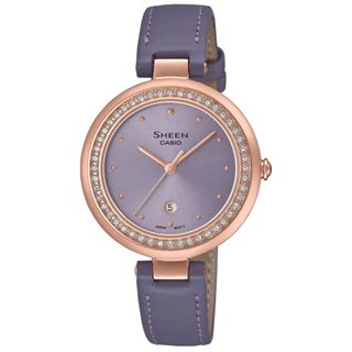 【CASIO 卡西歐】SHEEN 優雅奢華水晶錶圈蜜桃金淑女錶-真皮錶帶 紫(SHE-4556PGL-6A 防水50米)