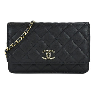 CHANEL經典新款雙C LOGO菱格紋小牛皮WOC手拿/斜揹包(黑色)｜100%原廠真品｜JS Maxx官方旗艦館