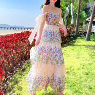 愛依依 長洋裝 吊帶裙 波西米亞 S-XL新款吊帶連身裙設計感氣質仙女蛋糕裙T601-9652.