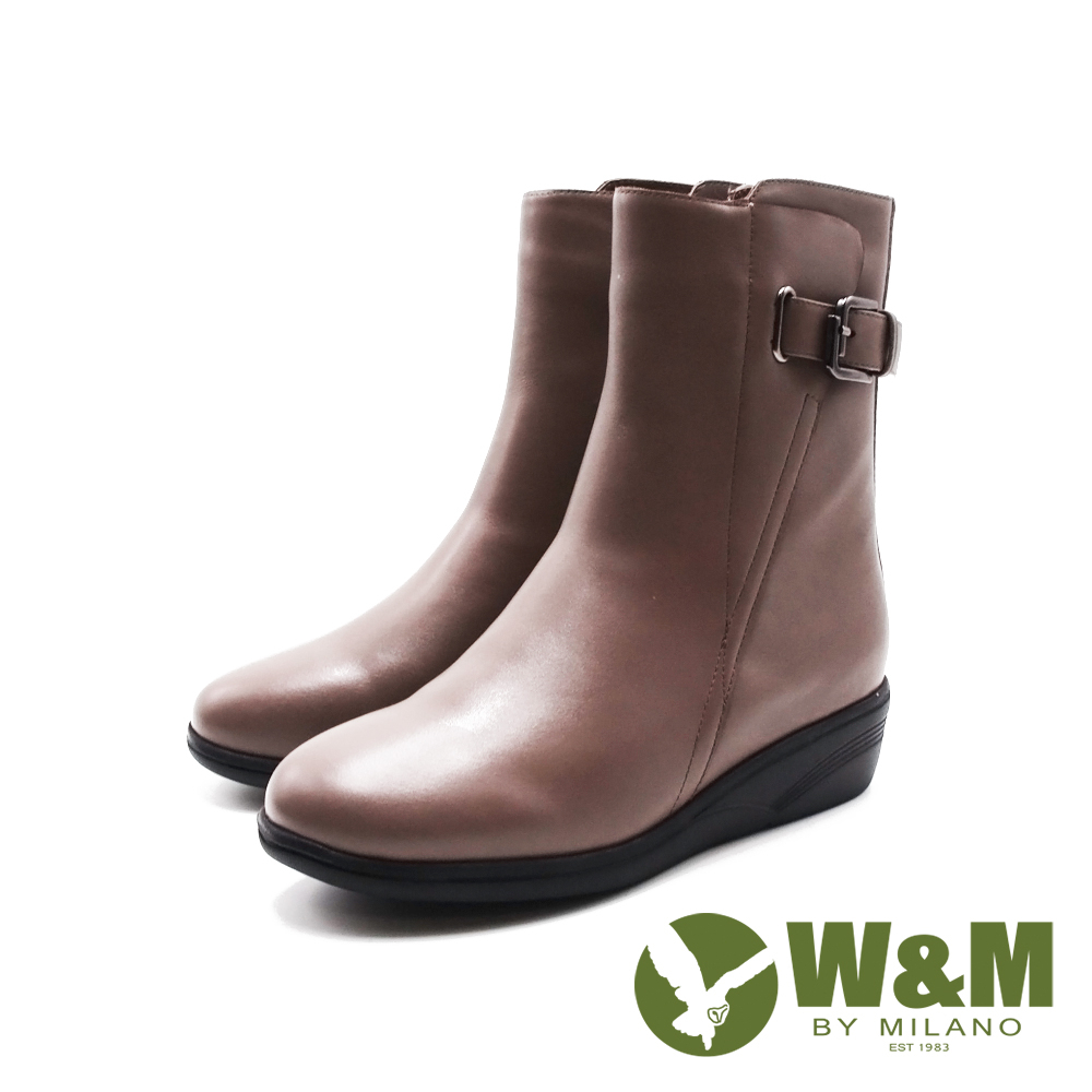 W&amp;M(女)皮釦造型內拉鍊楔型底女靴 女鞋－棕灰色(另有黑色)