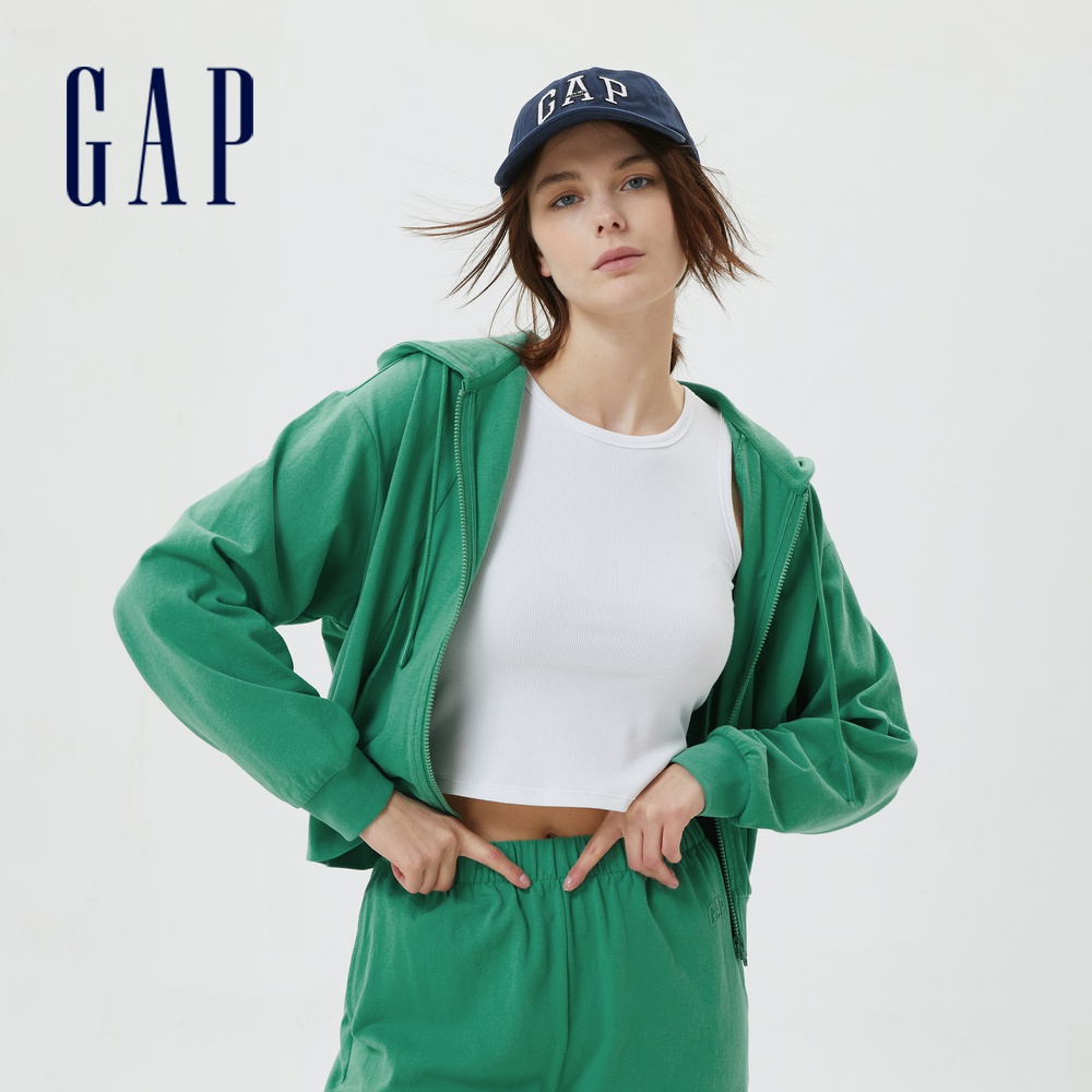 Gap 女裝 Logo短版連帽外套 厚磅密織水洗棉系列-綠色(591196)