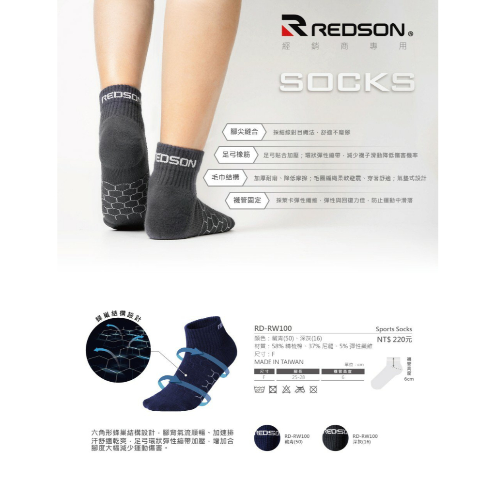 【新貨到】【初中羽球實業社】Redson(瑞森)網羽專用厚底踝襪《運動襪、羽球襪、襪子》