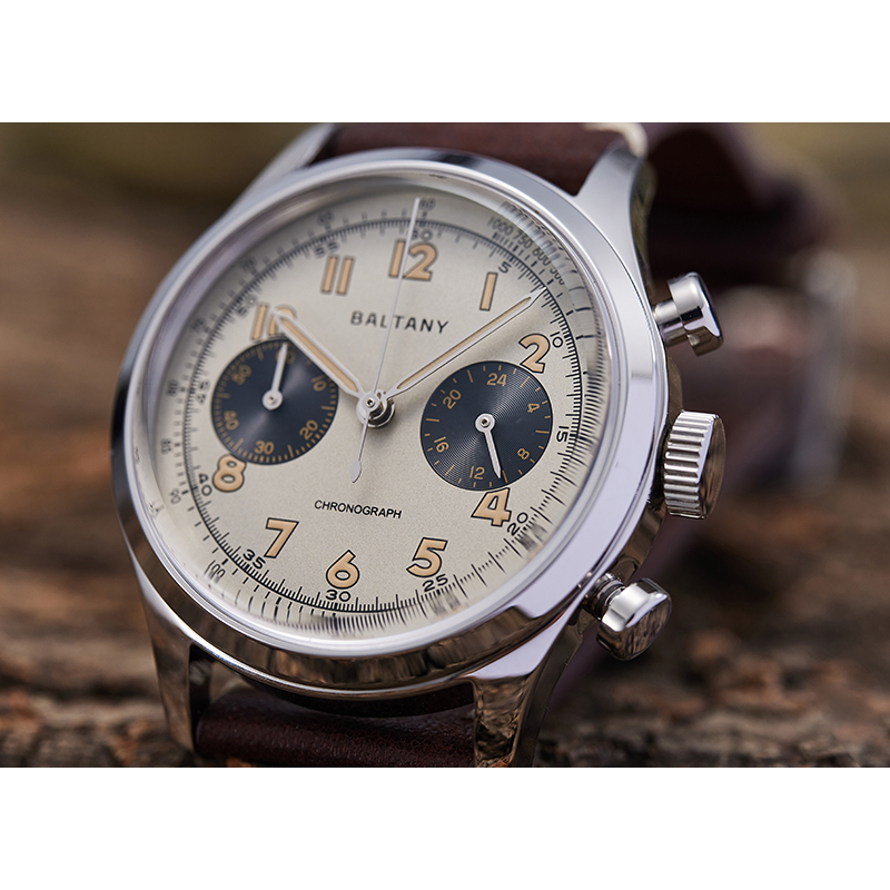 AF Store* BALTANY 復古計時碼錶 熊貓圈 真皮錶帶 24小時顯示 60分鐘計時 VK64 石英機芯
