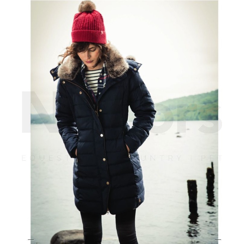 Miolla 英國品牌Joules 深藍帶帽毛領可拆卸立體斜紋修身長版羽絨保暖外套