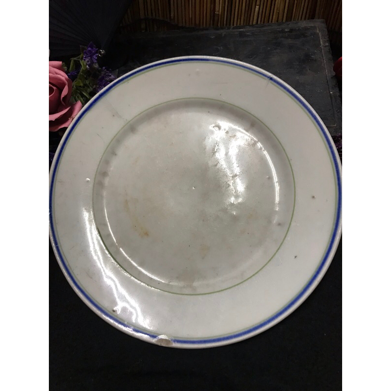 台灣早期  1945-1955年代 綠藍雙色圈盤 老碗盤 古瓷盤 古早味/收藏 懷舊復古