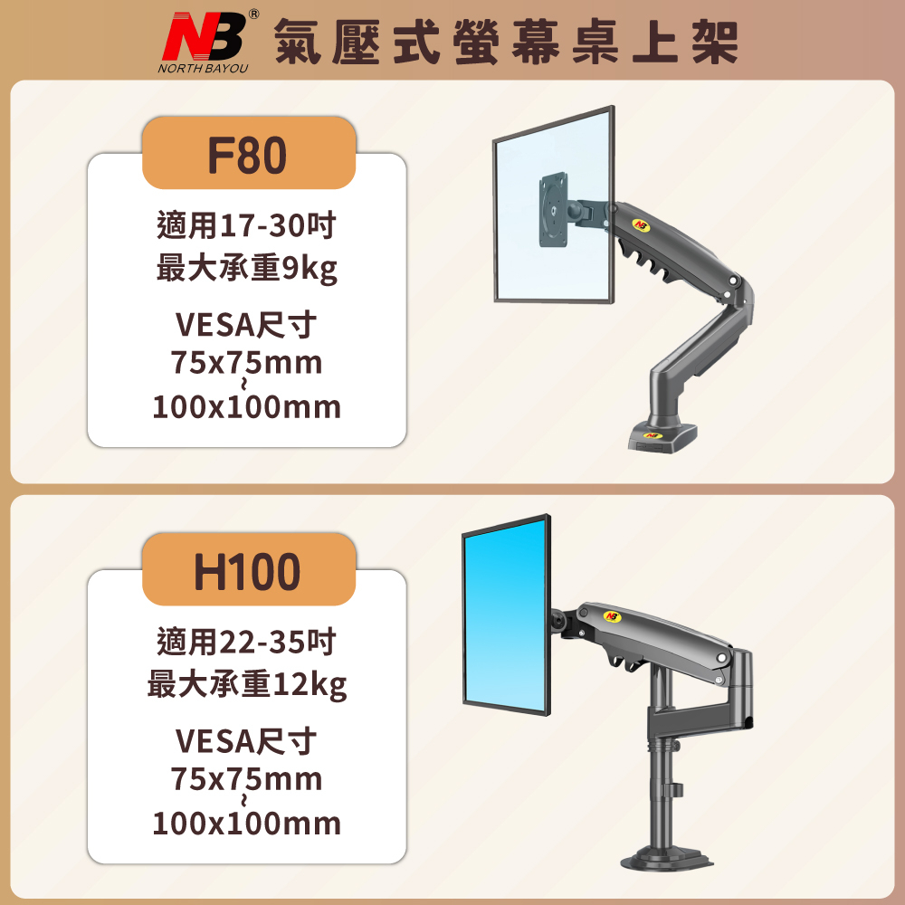 【隔日到貨送贈品】NB F80 17-30吋 / H100 22-35吋 液晶螢幕氣壓型桌上架 辦公螢幕 電競螢幕支架辦