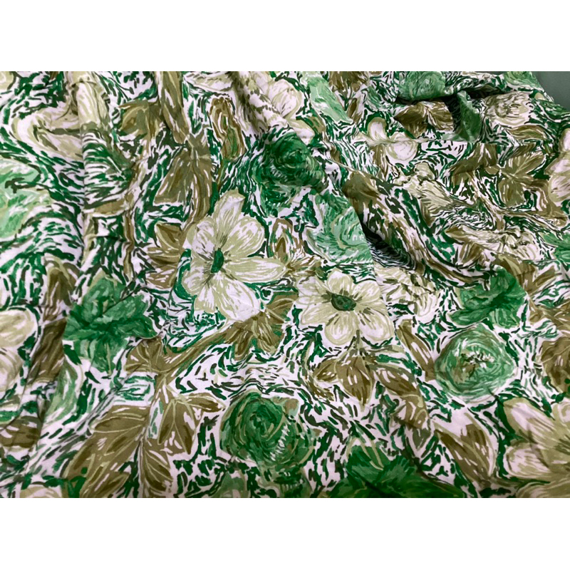 零頭布 零碼 現貨 天然材質 人造棉 棉綢 綠色系 油畫 花園 涼爽 親膚 布料 84cmx150cm