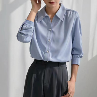 長袖上衣 工作襯衣 長袖襯衫女百搭高品質金屬珍珠扣設計感小眾氣質職業襯衣1F040 3018衣時尚Y2