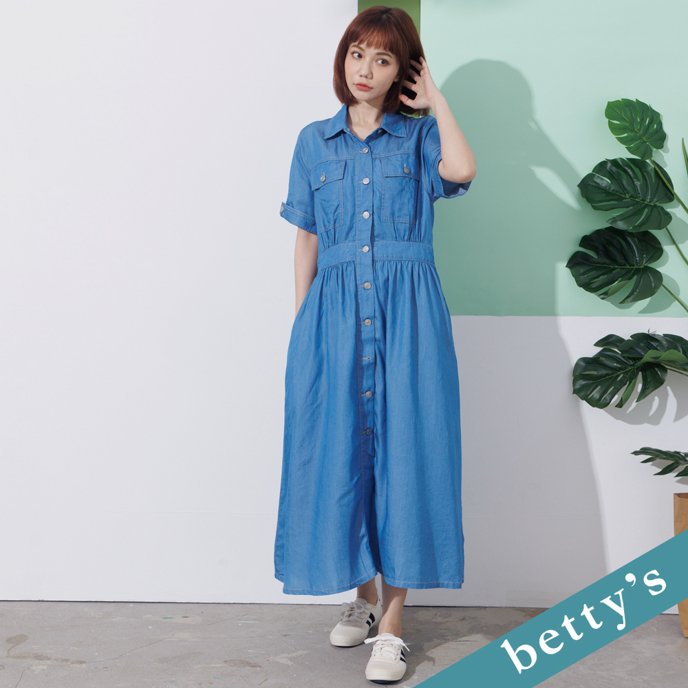 betty’s貝蒂思(21)牛仔翻領開襟長洋裝(淺藍)