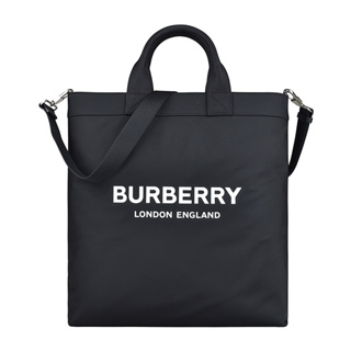 BURBERRY ARTIE白字印花LOGO尼龍釦式手提斜背托特包(黑)