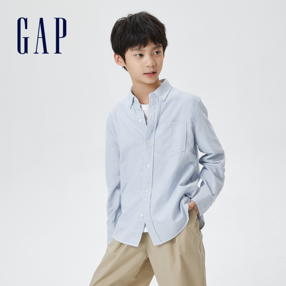 Gap 男童裝 翻領牛津布長袖襯衫-藍色(426037)