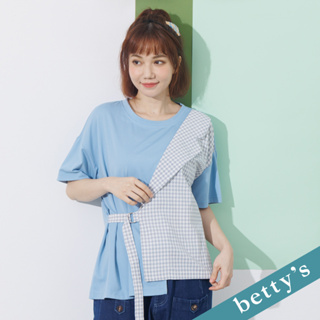 betty’s貝蒂思(21)格紋拼接綁帶寬版上衣(藍色)