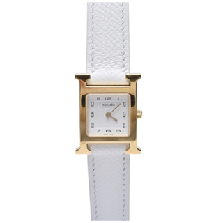 售出—幾近全新2月剛買的白色小牛皮鍍玫瑰金精鋼Hermes Heure H腕錶21cm
