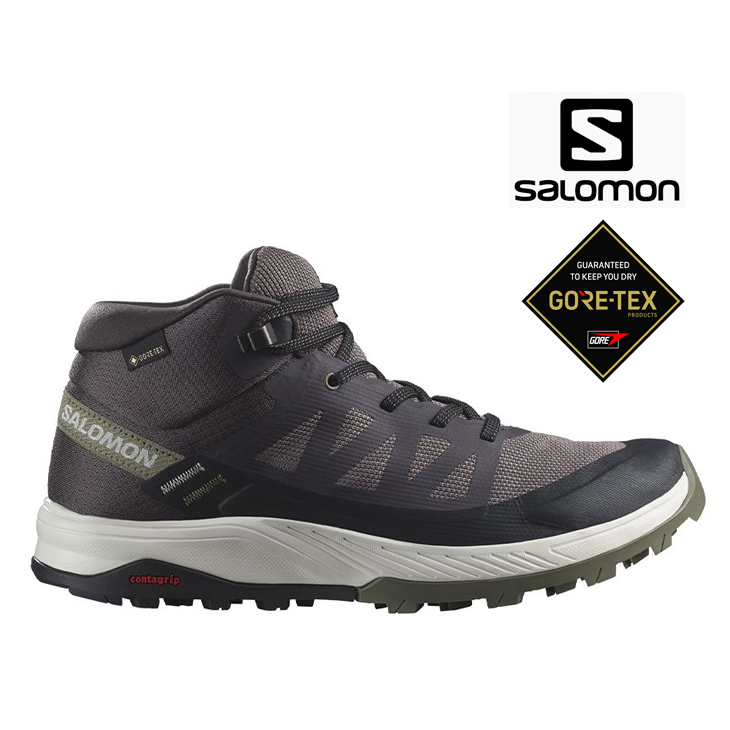 【台灣黑熊】法國 SALOMON OUTRISE GTX 中筒登山鞋 戶外健行鞋 粉咖/藻綠 女款 L47160700