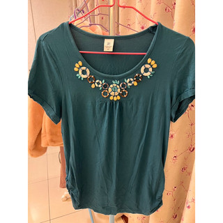 (二手）Fashion magic 木子百貨專櫃 鑽石玉圈圈串珠造型海藍色上衣 棉質設計感短袖上衣 L號