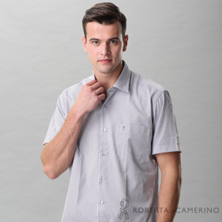 ROBERTA諾貝達 台灣製 合身版 職場型男 條紋短袖襯衫RCF15-93紫黑