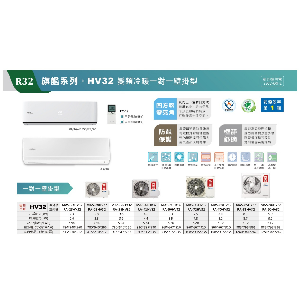 【佲昌企業行冷氣空調家電】萬士益 變頻冷暖分離壁掛式 8.5KW 12~14坪 MAS-85MV/HV32空機價