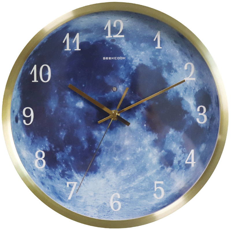 YAON雅居 北歐風格鐘錶 圓形掛鐘 星河一粟藍色月球 LED夜光聲控掛鐘 靜音時鐘 簡約時尚