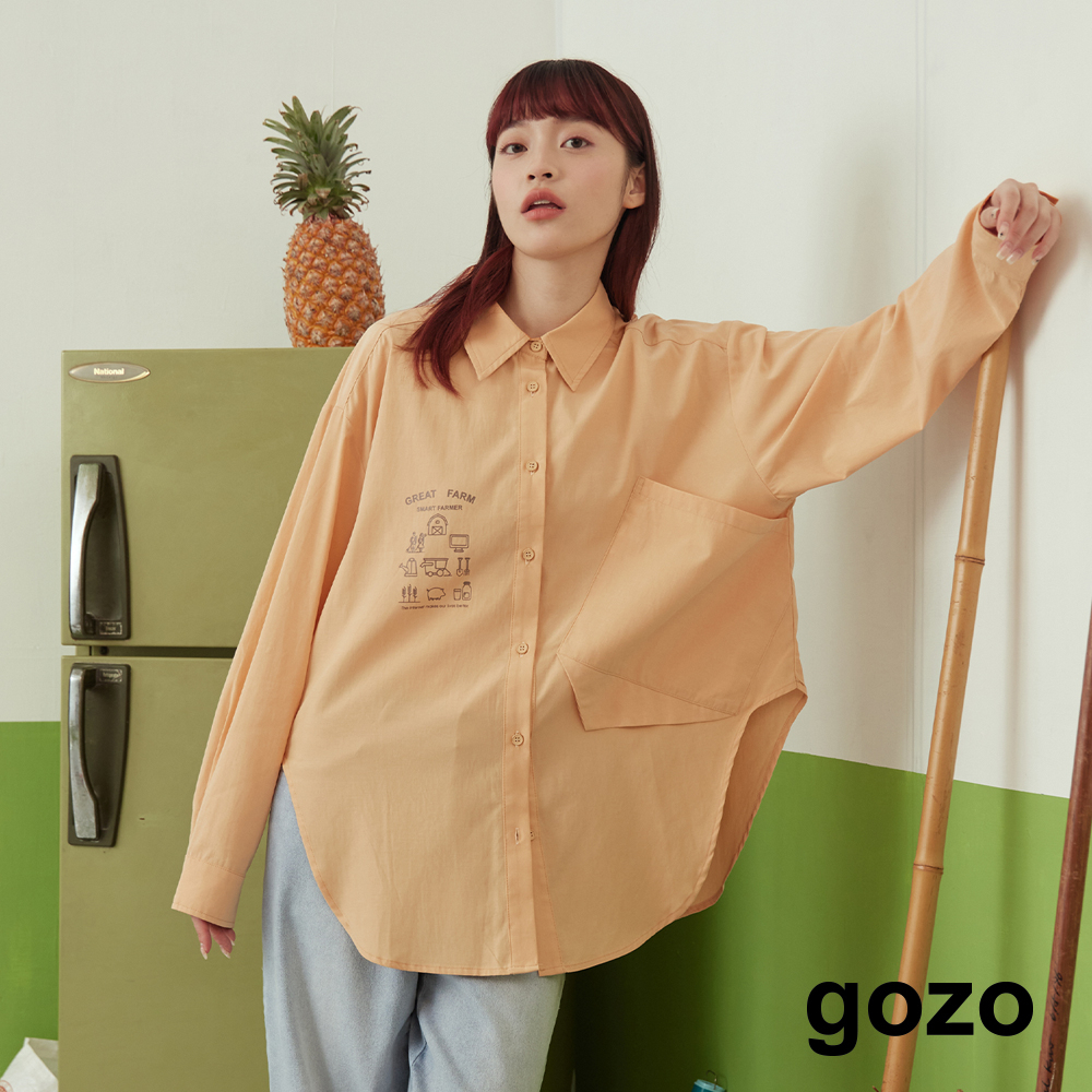 【gozo】做農的人大口袋圓弧下擺寬鬆襯衫(桔色/淺藍_F) | 女裝 顯瘦 百搭