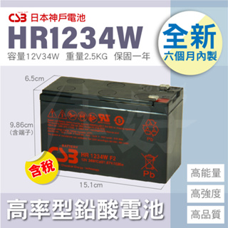佳好電池 全新含稅 日立神戶 CSB HR 1234 12V34W 高率長壽型 蓄電池 不斷電系統 APC推薦適用電池