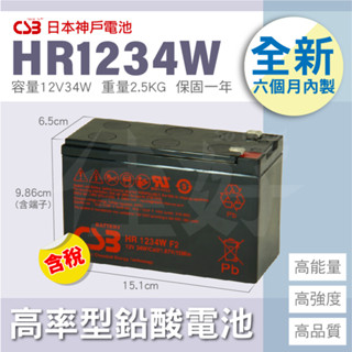 佳好電池 全新含稅 日立神戶 CSB HR 1234 12V34W 高率長壽型 蓄電池 不斷電系統 APC推薦適用電池