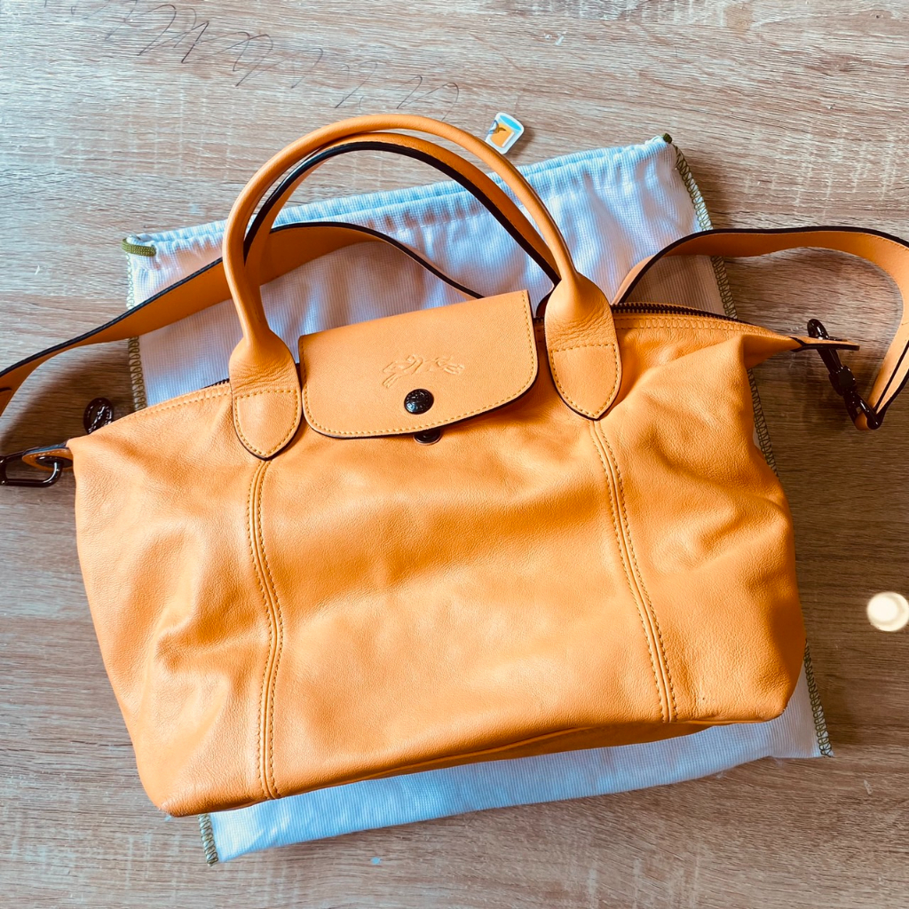 ﹝二手少揹﹞Longchamp | Le Pliage® Cuir小羊皮摺疊包 S號 橙橘色